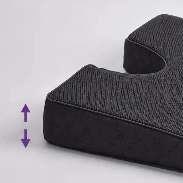 A close-up of a charcoal icare Coccyx Wedge with a purple double-arrow graphic indicating adjustable height, set against a plain light gray background.