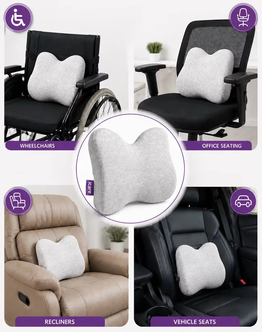 An icare Reform Low Back Support pillow shown in four usage scenarios: on a wheelchair, an office chair, a recliner, and a vehicle seat, with a central zoom-in of the pillow.