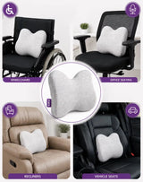An icare Reform Low Back Support pillow shown in four usage scenarios: on a wheelchair, an office chair, a recliner, and a vehicle seat, with a central zoom-in of the pillow.