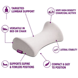 An ergonomic icare Reform Lumbar Support pillow in charcoal activx fabric, shown with purple callout lines and text highlighting its features: targeted lumbar support, versatile in bed or chair, very high-density charcoal activx, lateral stability, and support for supine and fowlers positions. The brand name 'LANE' is visible on a small fabric tag on the side of the pillow.