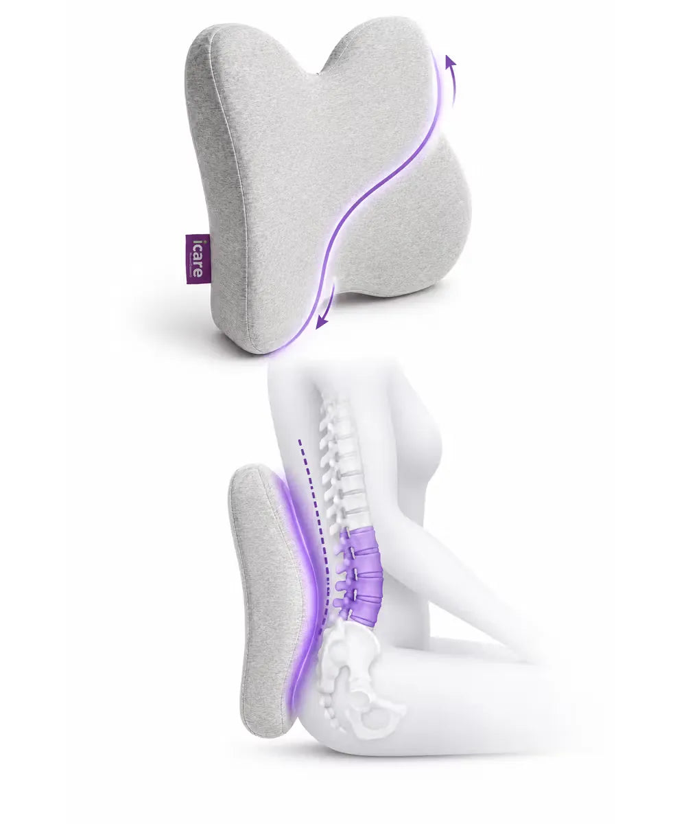 A gray contoured icare Reform Low Back Support pillow shown from two angles on a white background: one plain product view with a small purple 'iLife' tag and one anatomical-style back diagram highlighting support zones in purple.
