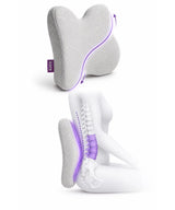 A gray contoured icare Reform Low Back Support pillow shown from two angles on a white background: one plain product view with a small purple 'iLife' tag and one anatomical-style back diagram highlighting support zones in purple.