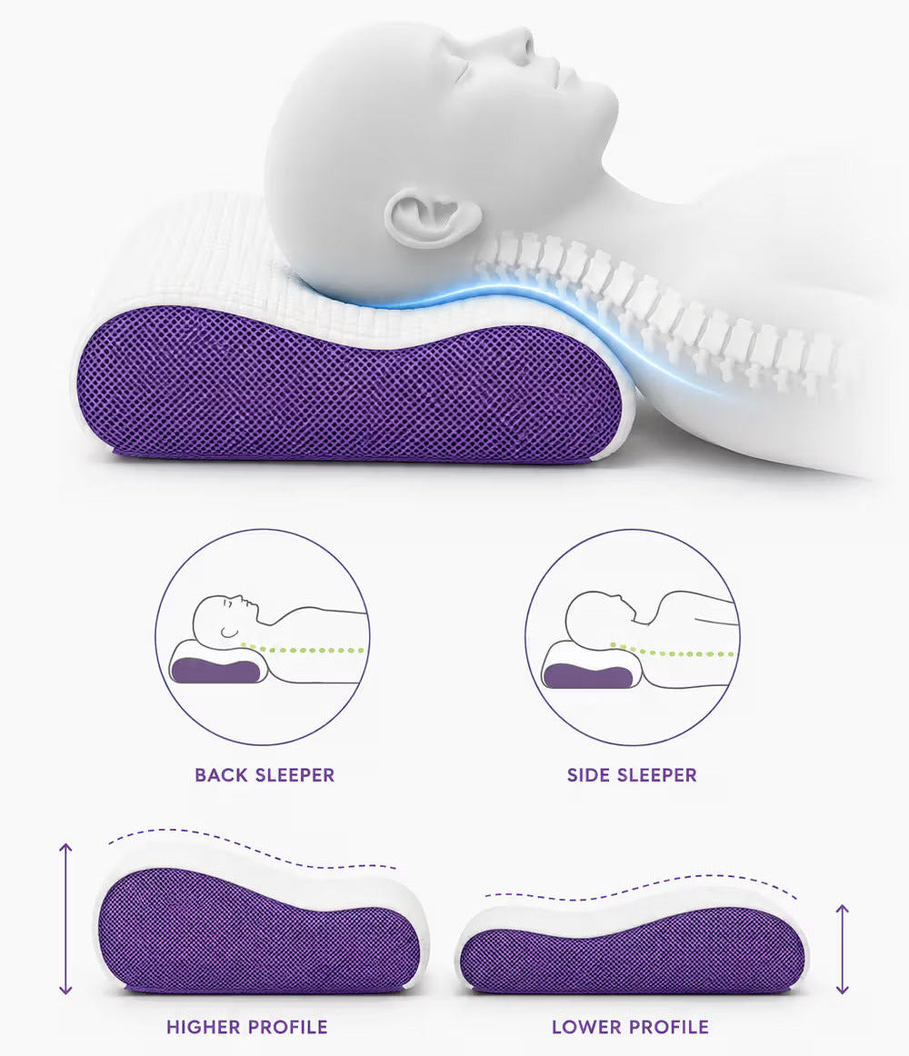 Purple and white icare Contour Pillow shown with a white mannequin head, plus circular diagrams comparing back and side sleeper positions and height profiles.