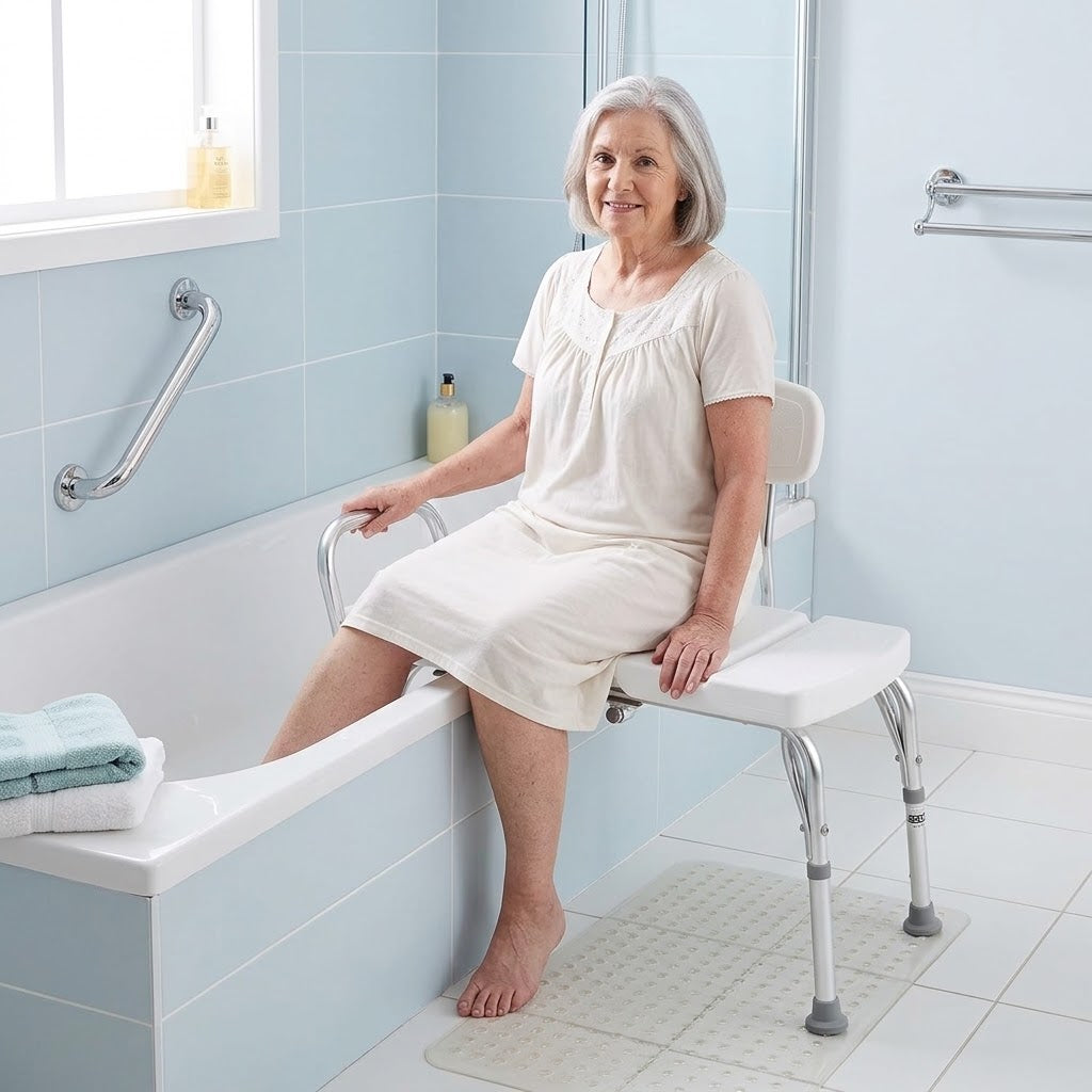 An older woman in a cream nightgown sits on a white Viking Transfer Bench with metal legs in a light blue tiled bathroom.