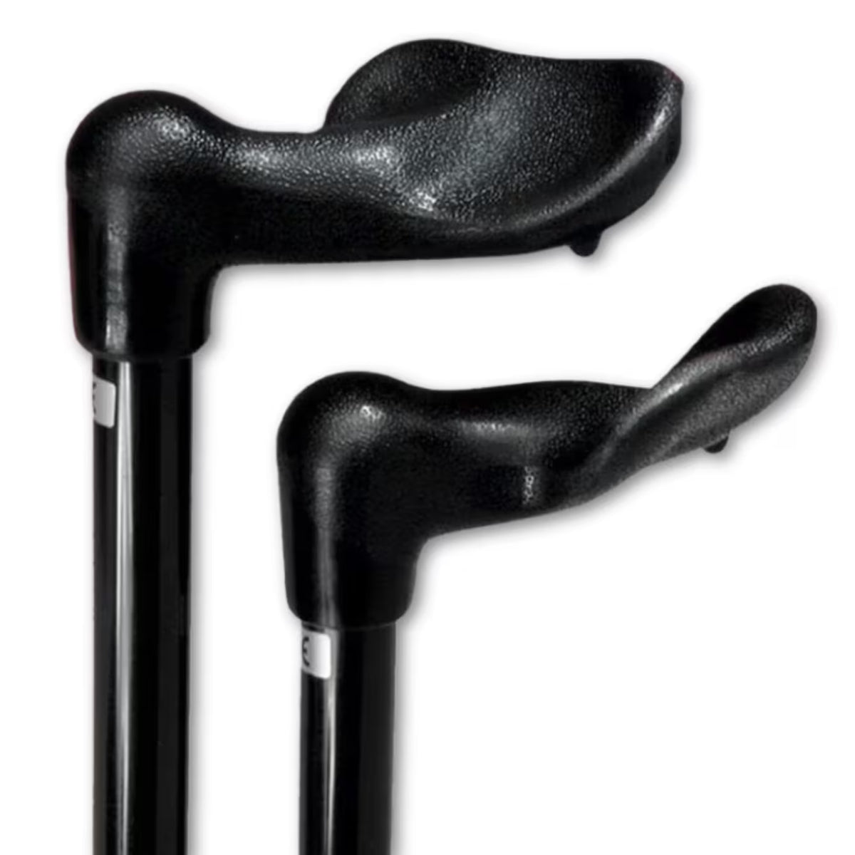 Two black Strider Adjustable Fischer Support Stick with textured grips and straight shafts, shown against a plain white background.