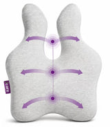 A light gray icare Reform Full Back Support cushion with purple arrows and dots indicating support zones, shown on a white background. A small purple fabric tag on the left edge reads 'icare'.