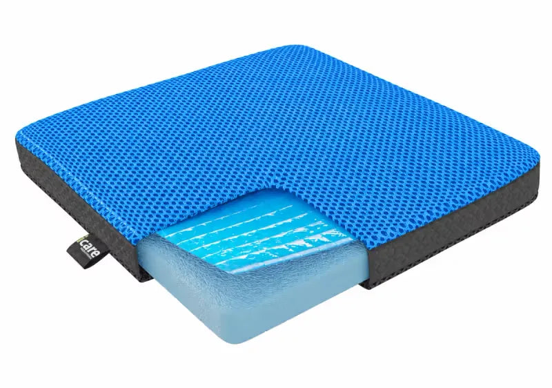 A blue mesh-textured icare Supporta ThermoPad Seat cushion shown at an angle with a cutaway revealing a light blue layered support system underneath, on a plain white background.