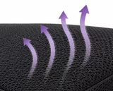 Close-up of a charcoal icare Supporta Bariatric Seat Cushion with three purple airflow arrows rising upward to illustrate breathability.