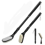 A black telescopic cleaning brush with multiple views and accessories on a white background, including a full-length angled view, a folded view, a pen-like tool, and a small separate brush.