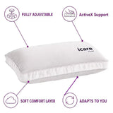 White icare Conform Pillow with purple callout lines and icons highlighting features: fully adjustable, ActiveX Support, soft comfort layer, and adapts to you.