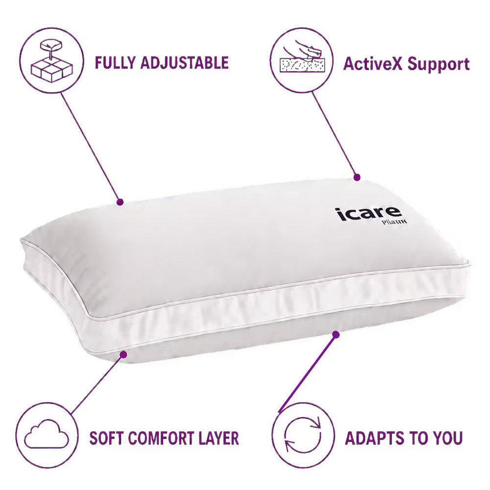 White icare Conform Pillow with purple callout lines and icons highlighting features: fully adjustable, ActiveX Support, soft comfort layer, and adapts to you.