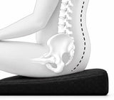 A white anatomical model of a seated human lower back, pelvis, and spine demonstrating pelvic tilt, resting on a charcoal icare Coccyx Wedge. A dashed vertical line indicates the ideal alignment.