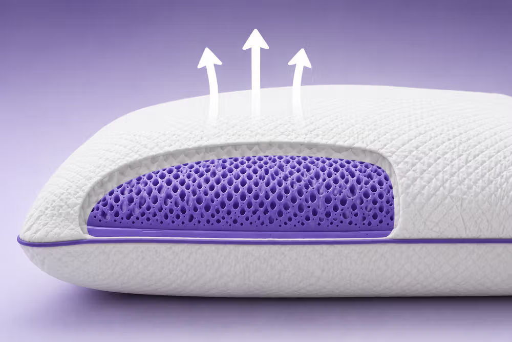 A close-up of a icare Cloud Pillow with a purple breathable mesh panel and three white arrows pointing upward to suggest airflow.