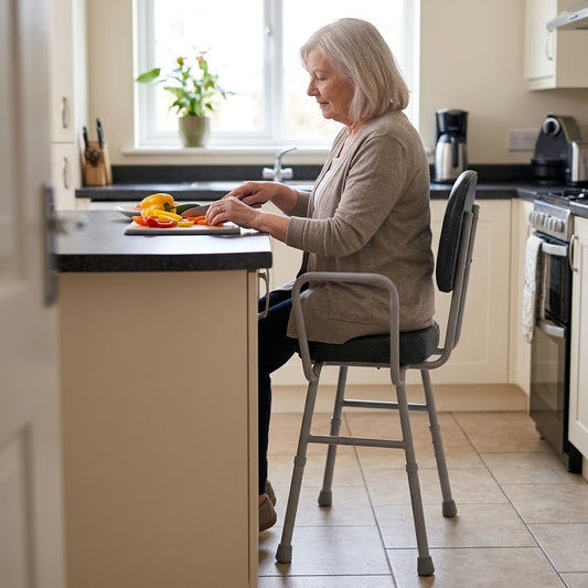 An older woman sits on a Viking Support Stool with Arms while preparing food at a kitchen island. The stool features a padded seat and backrest with a sturdy gray metal frame, set in a bright, modern kitchen.