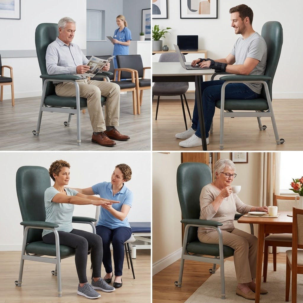 A four-panel collage showing a Viking Euro High Back Rehab Chair with an integrated lap desk, used by an older man reading, a man working on a laptop, a woman receiving physical therapy, and an older woman drinking tea at a table.