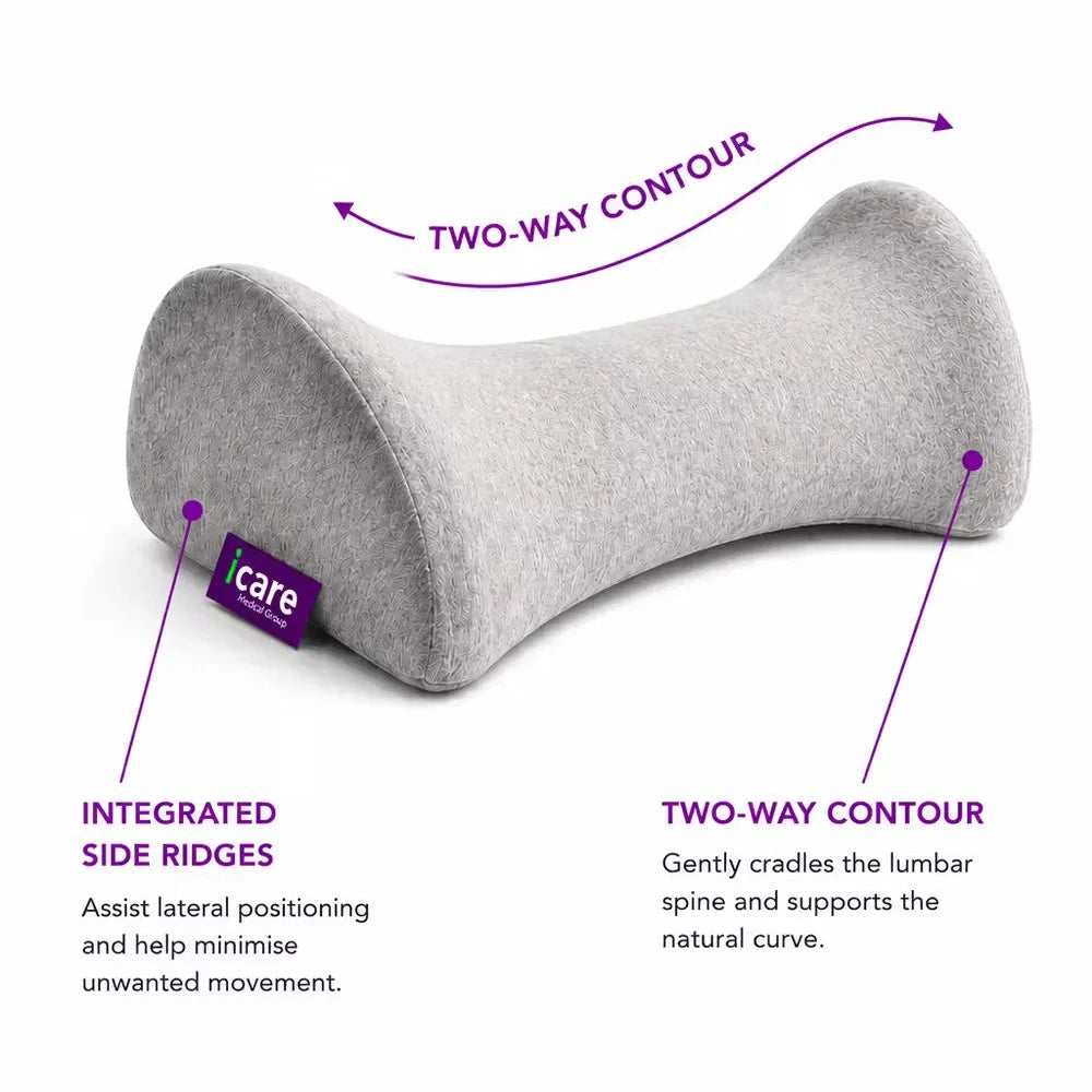A light gray icare Reform Lumbar Support pillow with purple text callouts explaining its two-way contour and integrated side ridges, on a white background.