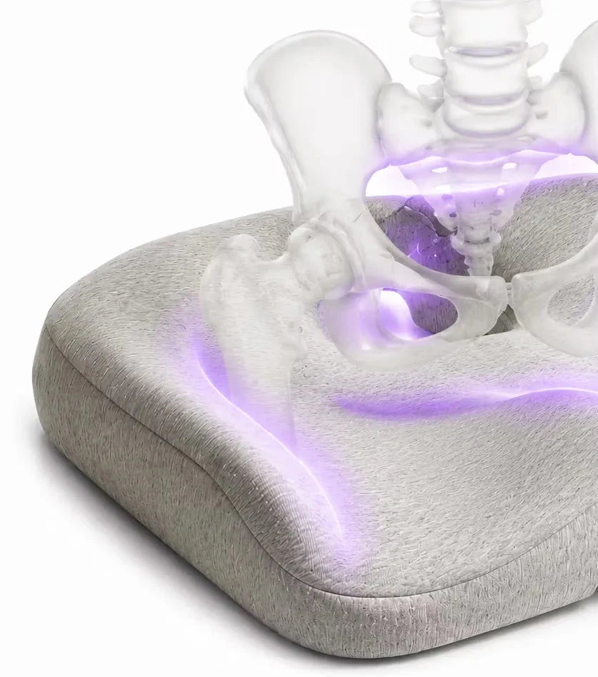 A close-up of a icare Reform Seat Support pillow in light gray fabric, with a translucent anatomical hip and lower back model overlaid to illustrate support placement, on a white background.