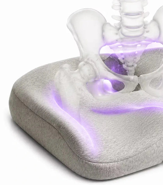 A close-up of a icare Reform Seat Support pillow in light gray fabric, with a translucent anatomical hip and lower back model overlaid to illustrate support placement, on a white background.