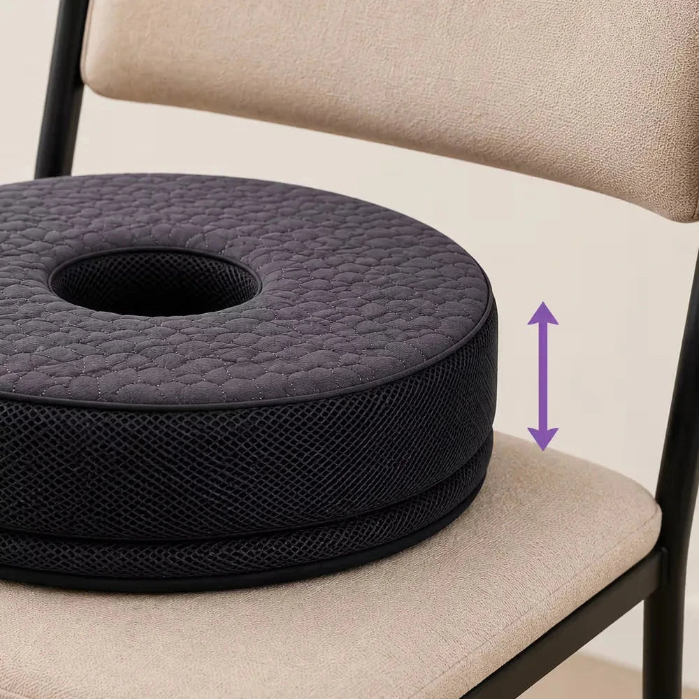 A charcoal icare Supporta Donut Cushion sits on a beige upholstered chair. A purple double-arrow graphic indicates the cushion is adjustable.