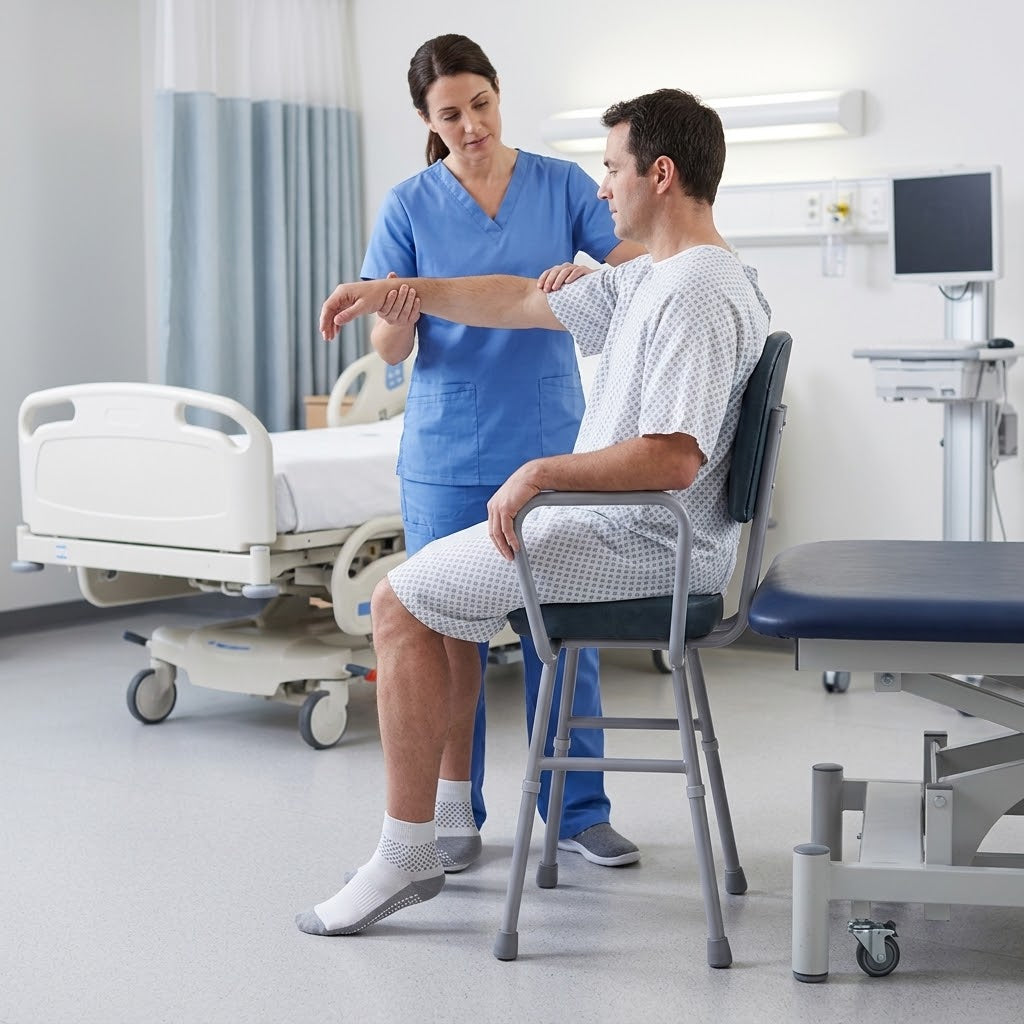 A male patient in a hospital gown sits on a Viking Support Stool with Arms while a female healthcare worker in blue scrubs assists him with his arm in a bright, modern clinic room.