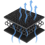 A black perforated mesh panel with layered support structures, shown on a white background with blue arrows indicating airflow or ventilation.