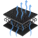 A black honeycomb mesh filter or grille shown in a layered cross-section with blue arrows indicating airflow or heat transfer through the open structure, on a plain white background.