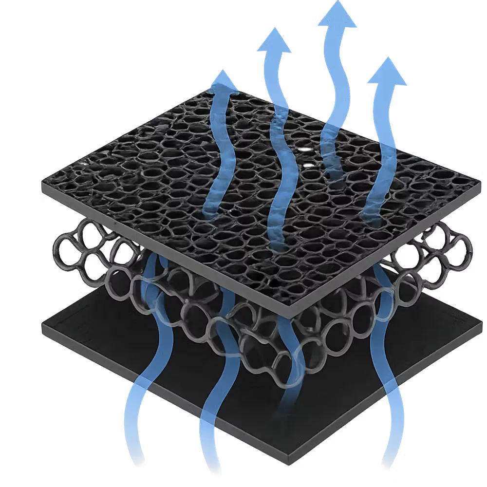 A black honeycomb mesh filter or grille shown in a layered cross-section with blue arrows indicating airflow or heat transfer through the open structure, on a plain white background.