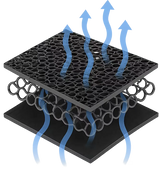 A black perforated mesh filter or strainer plate shown in a cutaway view with blue airflow arrows passing through it on a white background.