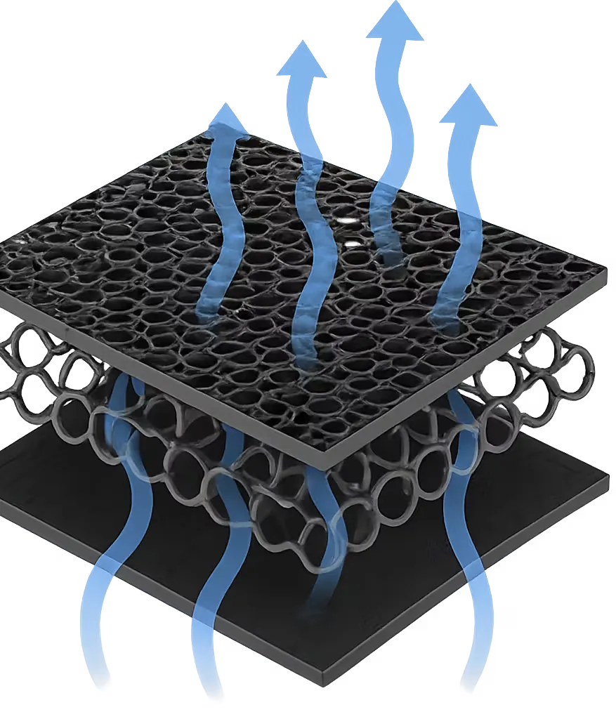 A black perforated mesh filter or screen with blue airflow arrows rising through it, shown on a plain white background.