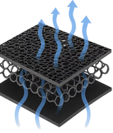 A black perforated mesh filter or screen with blue airflow arrows rising through it, shown on a plain white background.