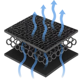 A black honeycomb mesh filter or mesh screen shown in an exploded cross-section view with blue arrows indicating airflow or permeability.