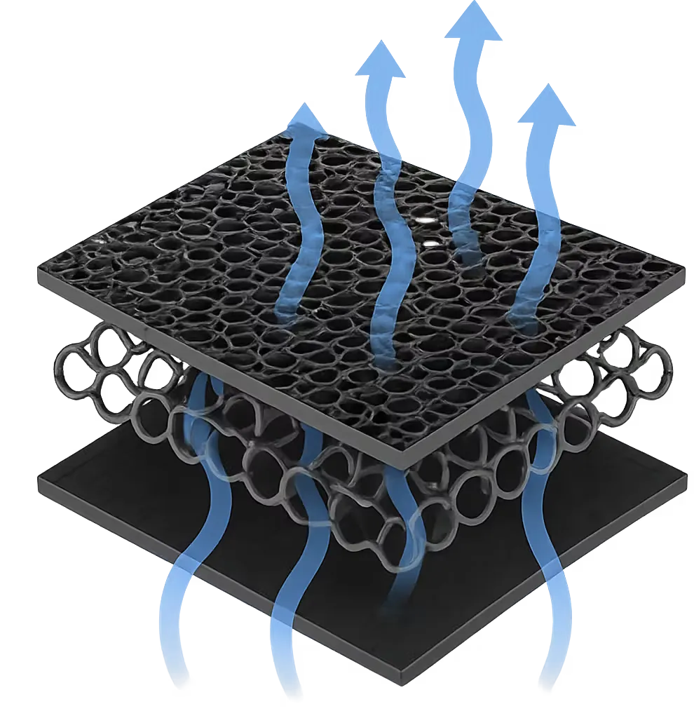 A black honeycomb mesh filter or mesh screen shown in an exploded cross-section view with blue arrows indicating airflow or permeability.