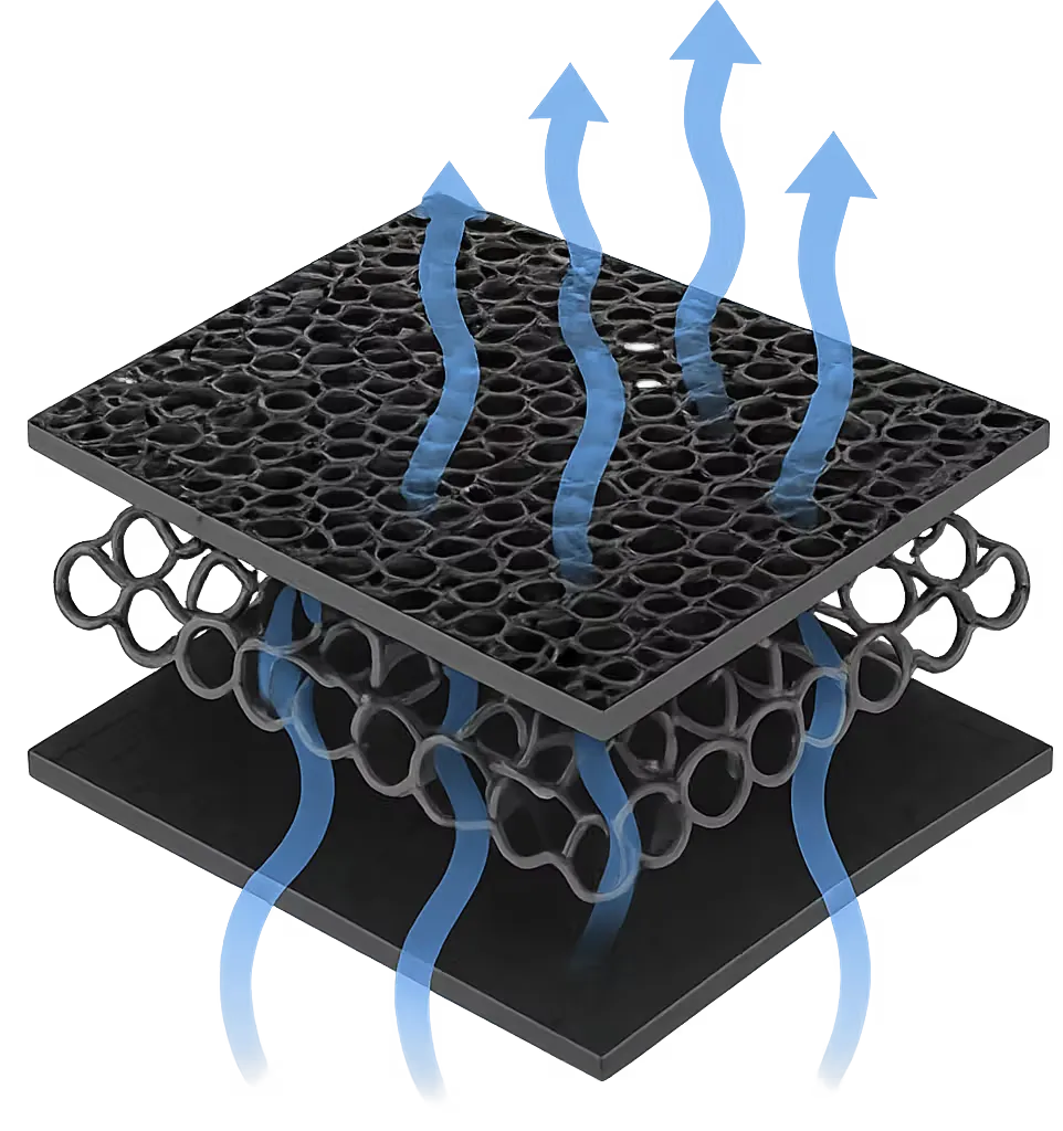 A black perforated mesh filter or screen with layered mesh and solid panels, shown with blue airflow arrows indicating ventilation or filtration.