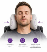 A man wearing a gray T-shirt sits in a wheelchair with a gray icare Reform Neck Support pillow on each side of his neck. Purple arrows point inward toward the pillows, and three purple icons with text describe support and posture benefits.