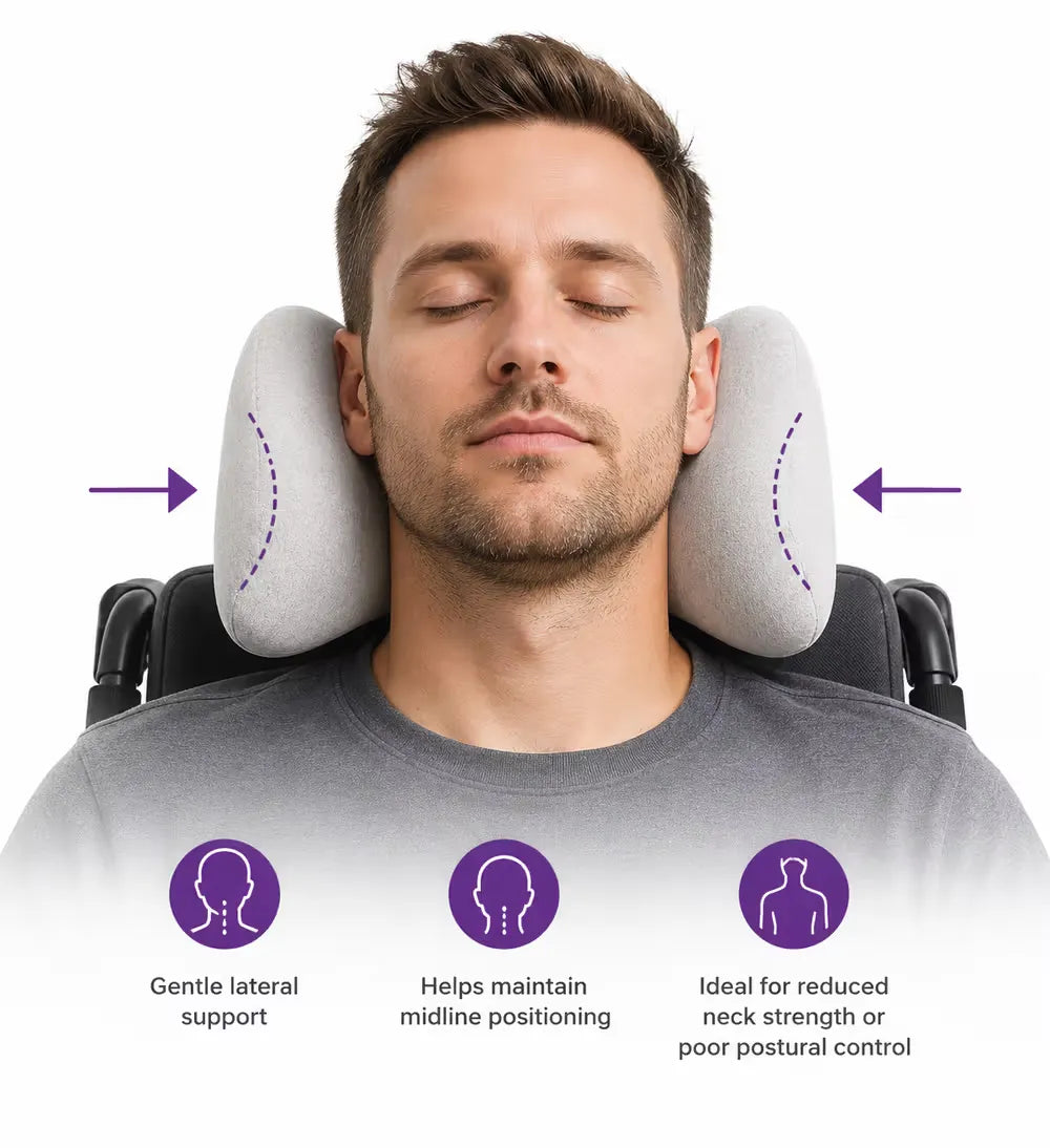 A man wearing a gray T-shirt sits in a wheelchair with a gray icare Reform Neck Support pillow on each side of his neck. Purple arrows point inward toward the pillows, and three purple icons with text describe support and posture benefits.