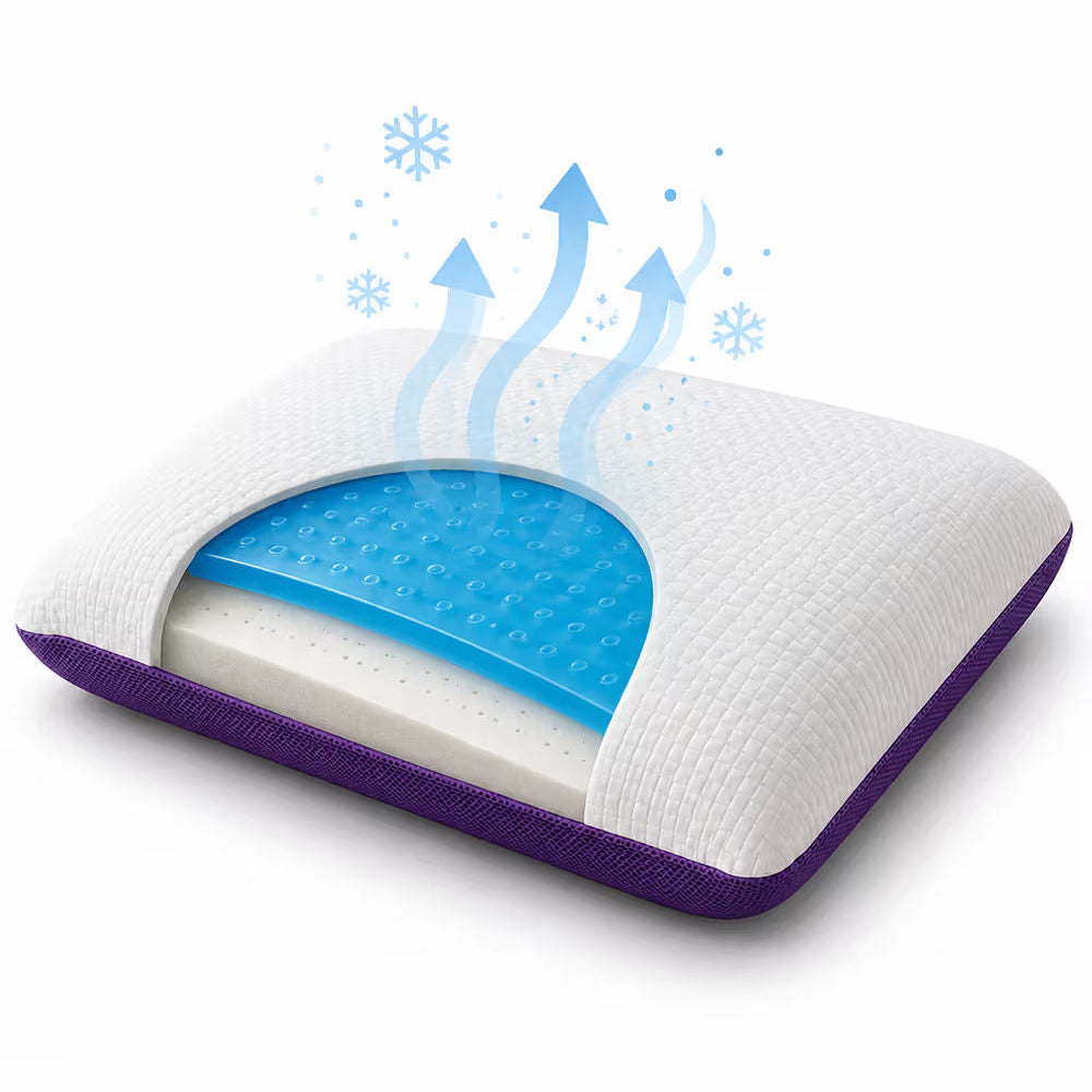 A white and purple icare Classic Pillow with a blue cooling gel insert, featuring blue arrows and snowflake graphics above to indicate breathability and cooling.