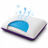 A white and purple icare Classic Pillow with a blue cooling gel insert, featuring blue arrows and snowflake graphics above to indicate breathability and cooling.