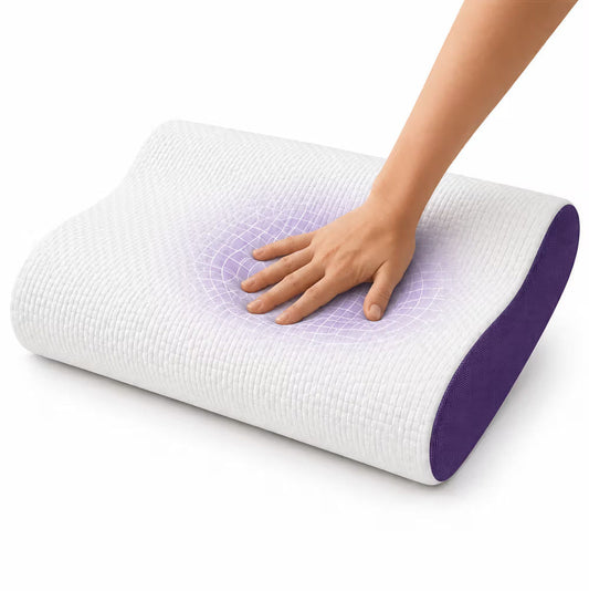 A icare Contour Pillow with a textured white top and a purple side, shown with a hand resting on its center against a white background.