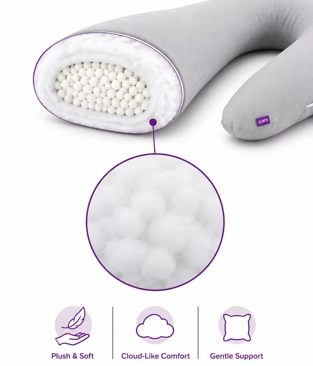 A icare Supporta Body Pillow with a cross-section view showing white ball-like lumbar support inserts, plus a circular inset zoom of the soft white material. Purple icons at the bottom read 'Plush & Soft', 'Cloud-Like Comfort', and 'Gentle Support'.
