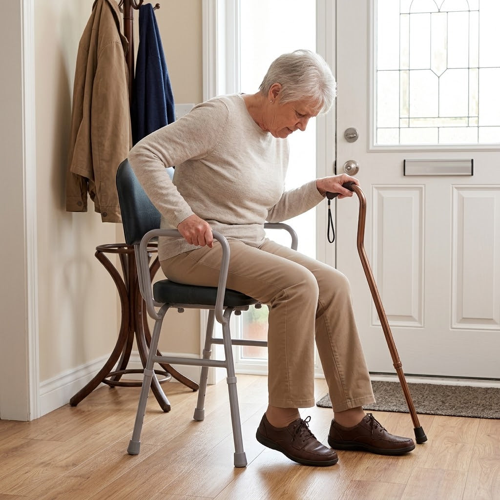 An elderly woman sits on a Viking Support Stool with Arms in a home entryway, holding a wooden cane. She is wearing a beige sweater, beige pants, and brown shoes.