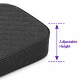 Close-up of a charcoal icare Supporta Body Positioning Pillow (Wedge) corner with a purple arrow and text indicating adjustable height, on a white background.