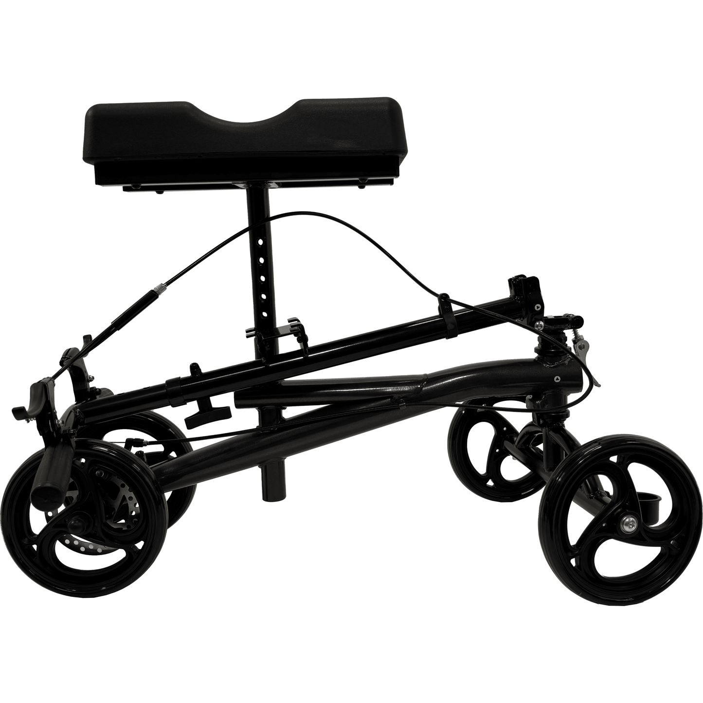 Black knee walker with wheels on a white background folded