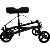 Black knee walker with wheels on a white background folded