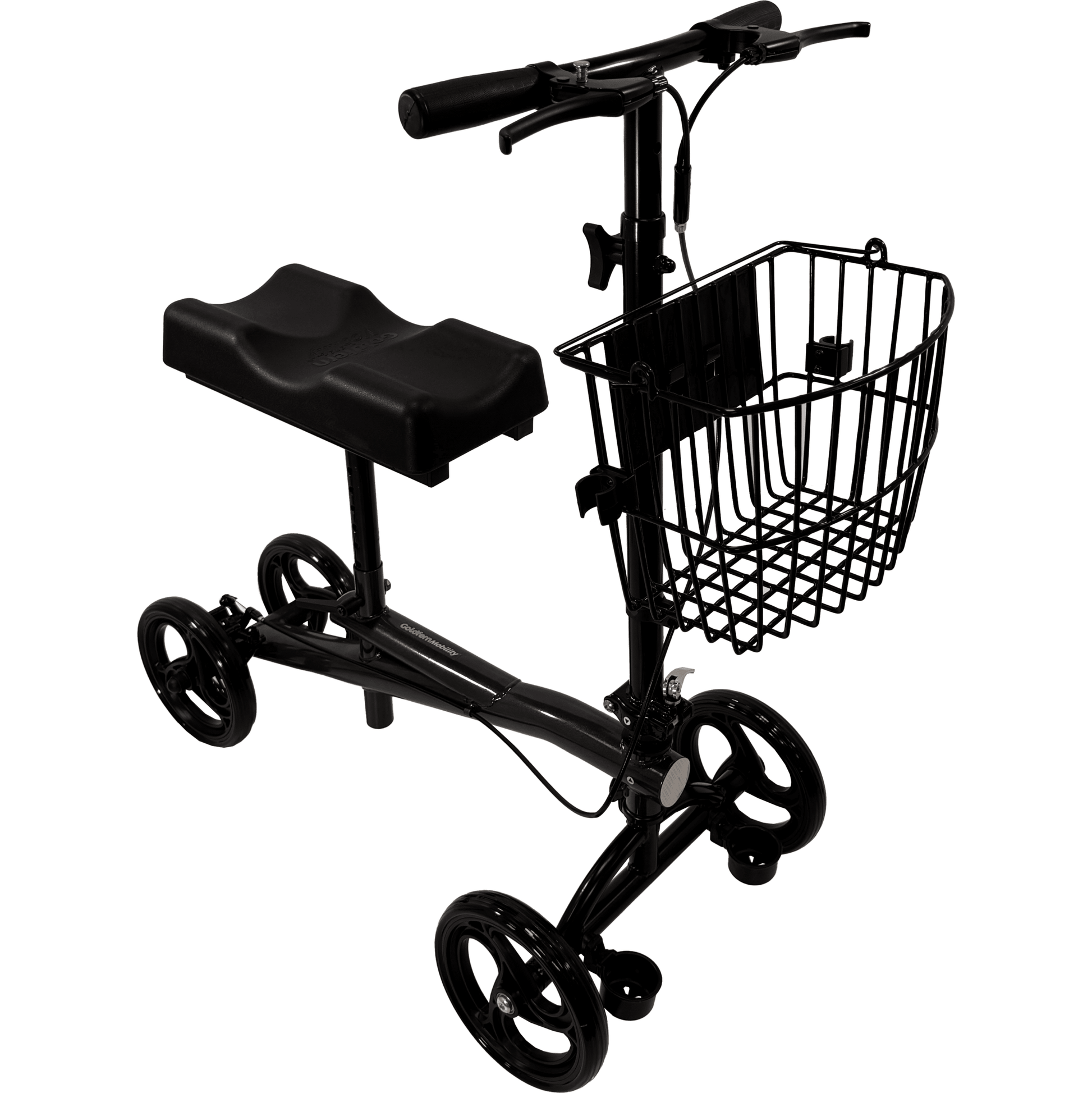 Black knee walker with a basket on a white background
