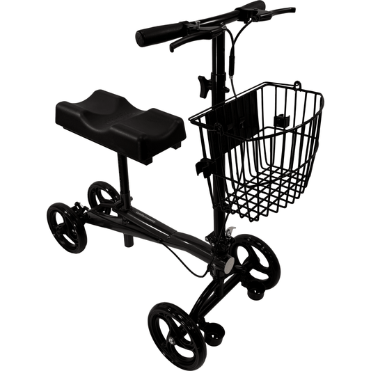 Black knee walker with a basket on a white background