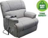 Gray recliner chair with a control panel and 'Heavy Duty 220KG Capacity' label on a white background.