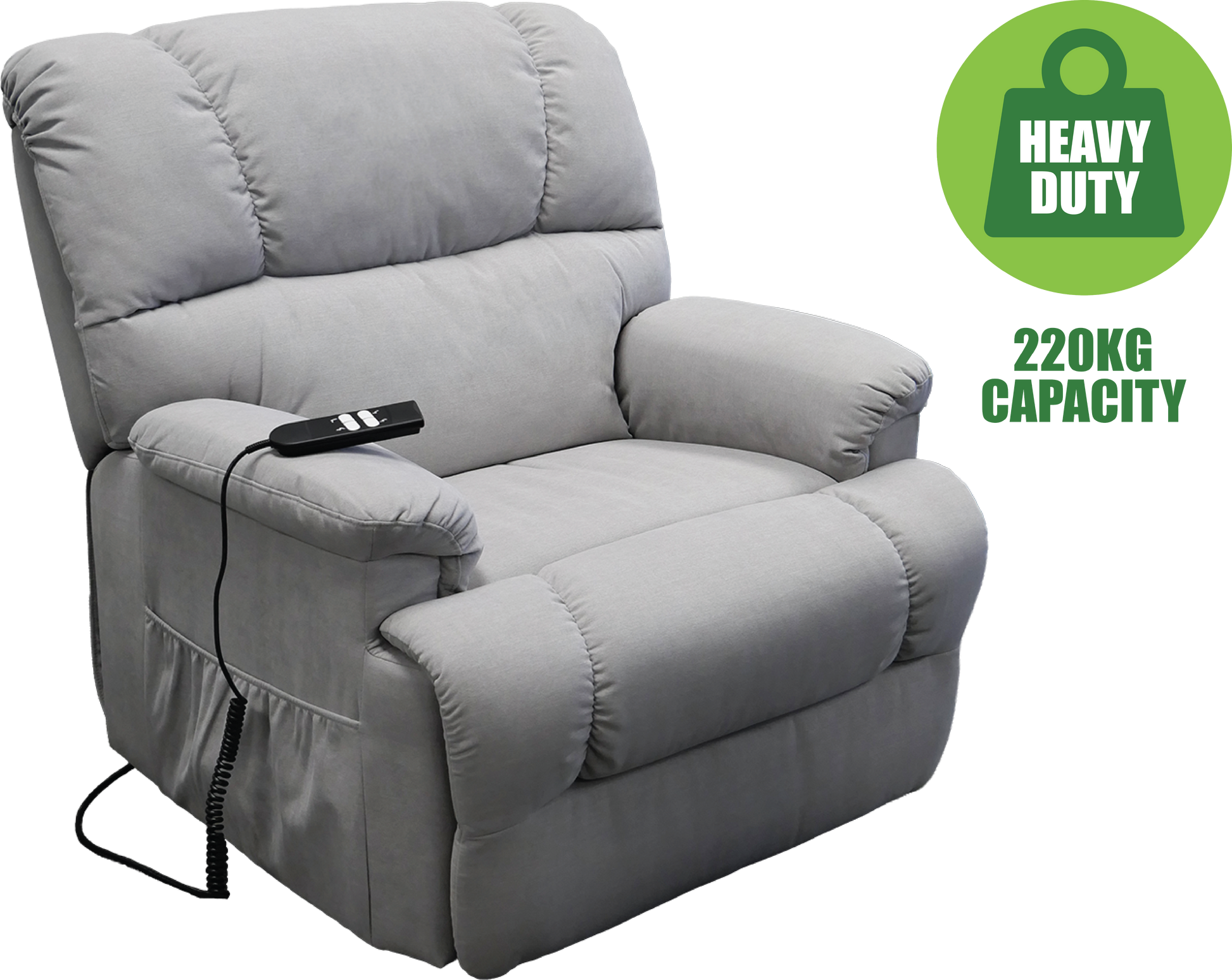 Gray recliner chair with a control panel and 'Heavy Duty 220KG Capacity' label on a white background.