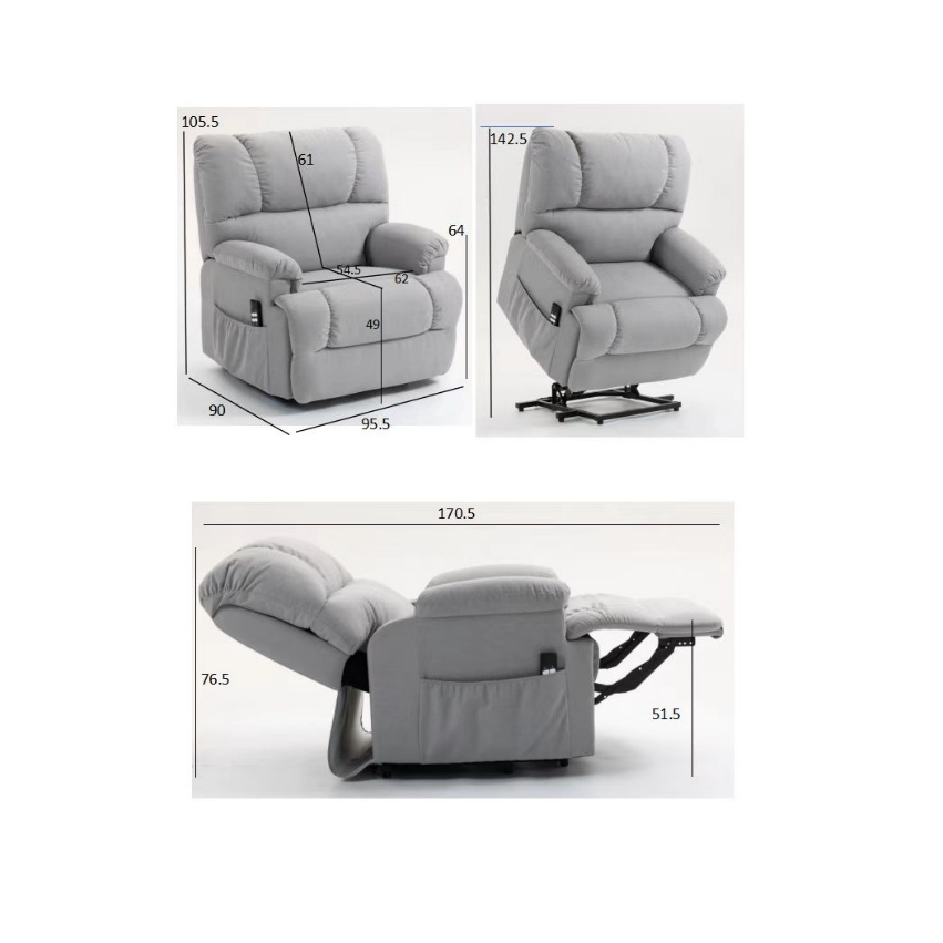 Light Gray Heavy Duty Electric Lift recliner  with dimensions displayed on a white background