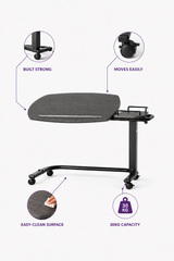 iCare C Shape Base table showing castors, easy-clean surface and 30 kg load limit