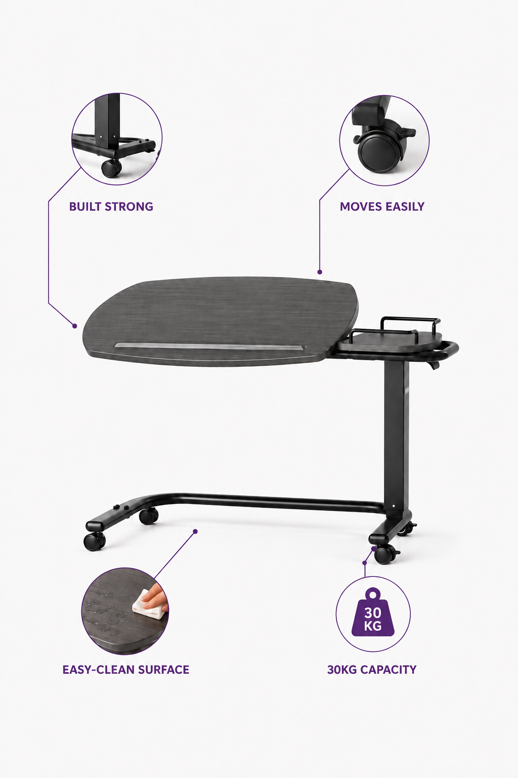 iCare C Shape Base table showing castors, easy-clean surface and 30 kg load limit
